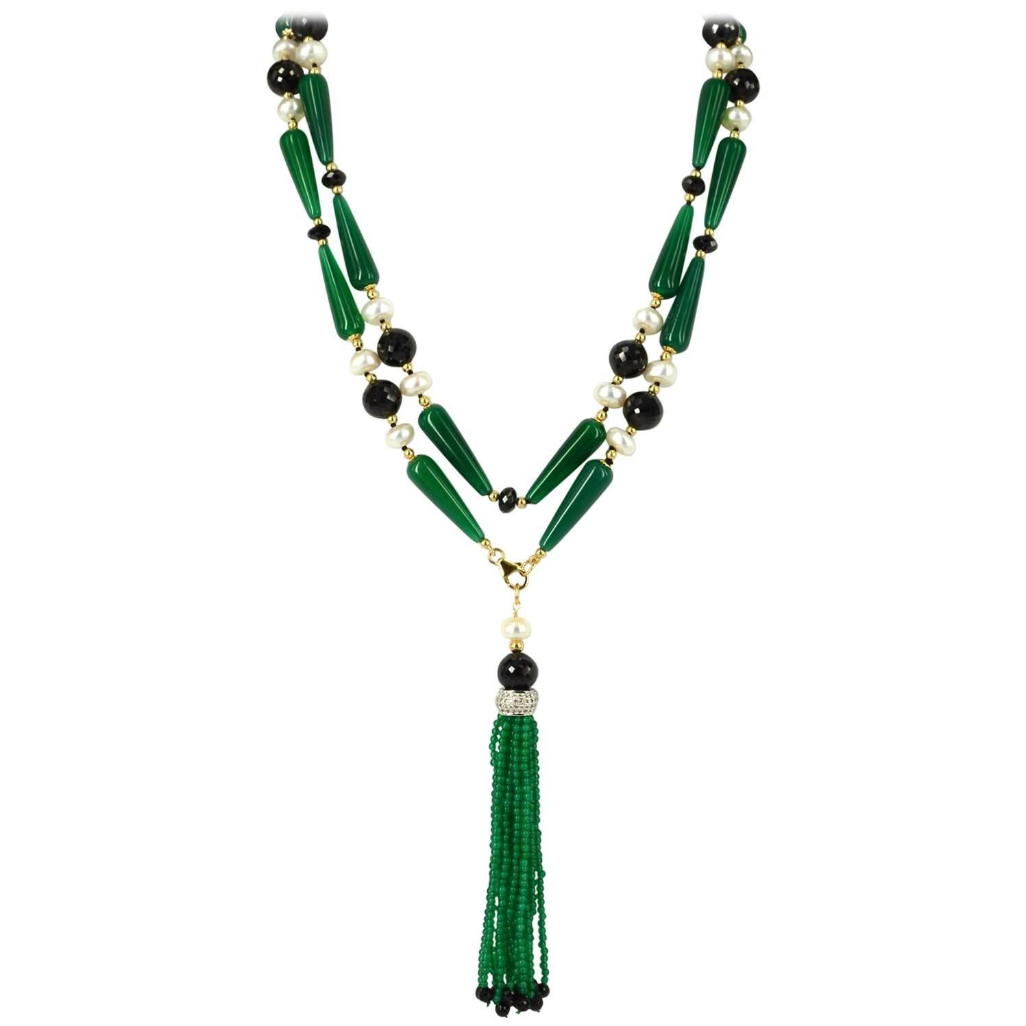 Decadent Jewels Spinel Pearl Green Agate Sautoir Necklace with Detachable Tassel