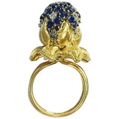 Vintage Dragon Flower Blue Sapphire and Diamond Yellow Gold Ring