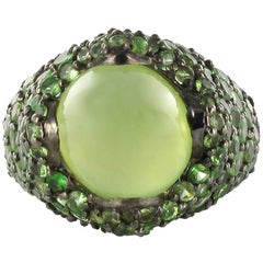 Modernist Prehnite and Tsavorite Garnet Silver Dome Ring