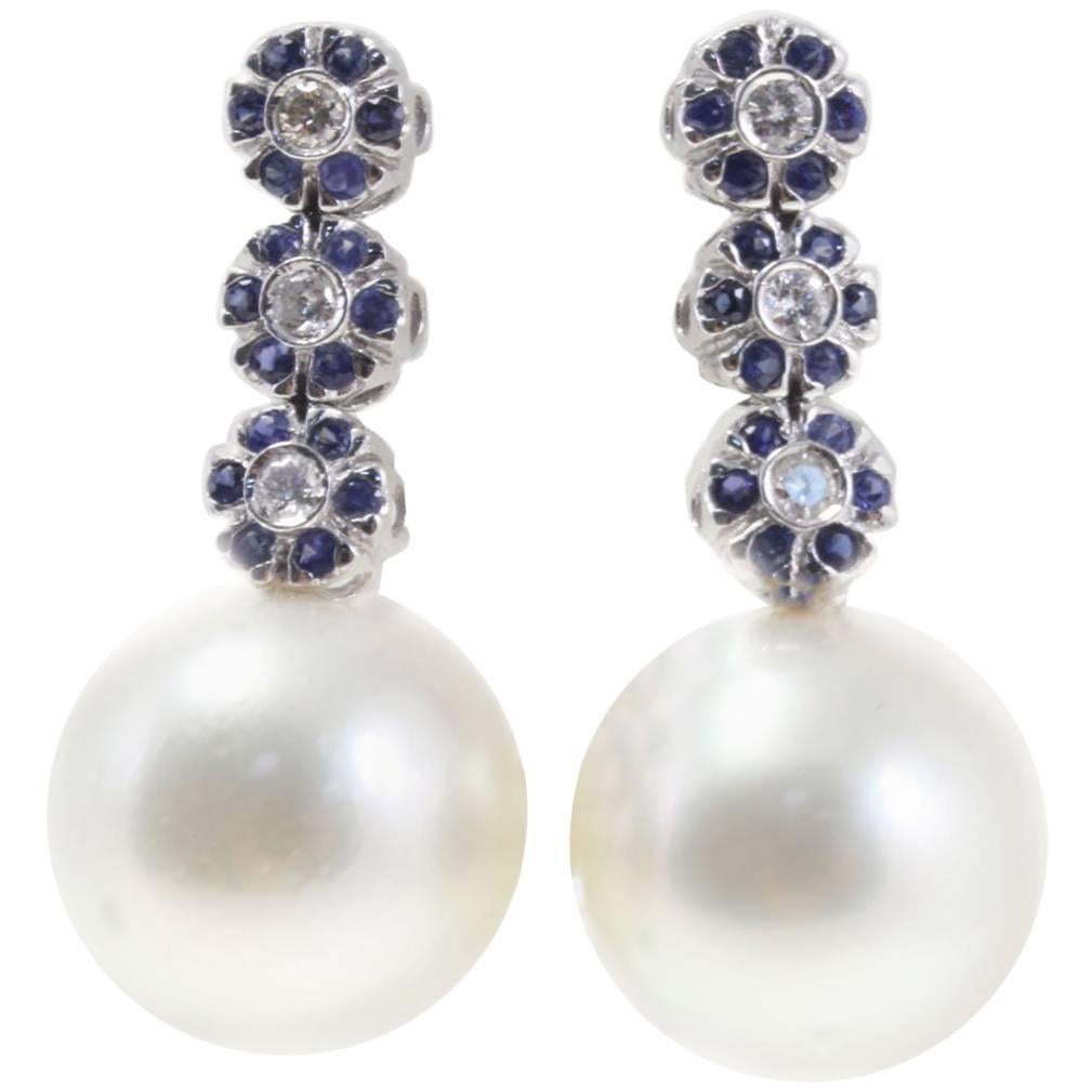 Australian Pearl Blue Sapphire and Diamond Gold Earrings