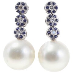  Australian Pearl Blue Sapphire and Diamond Gold Earrings