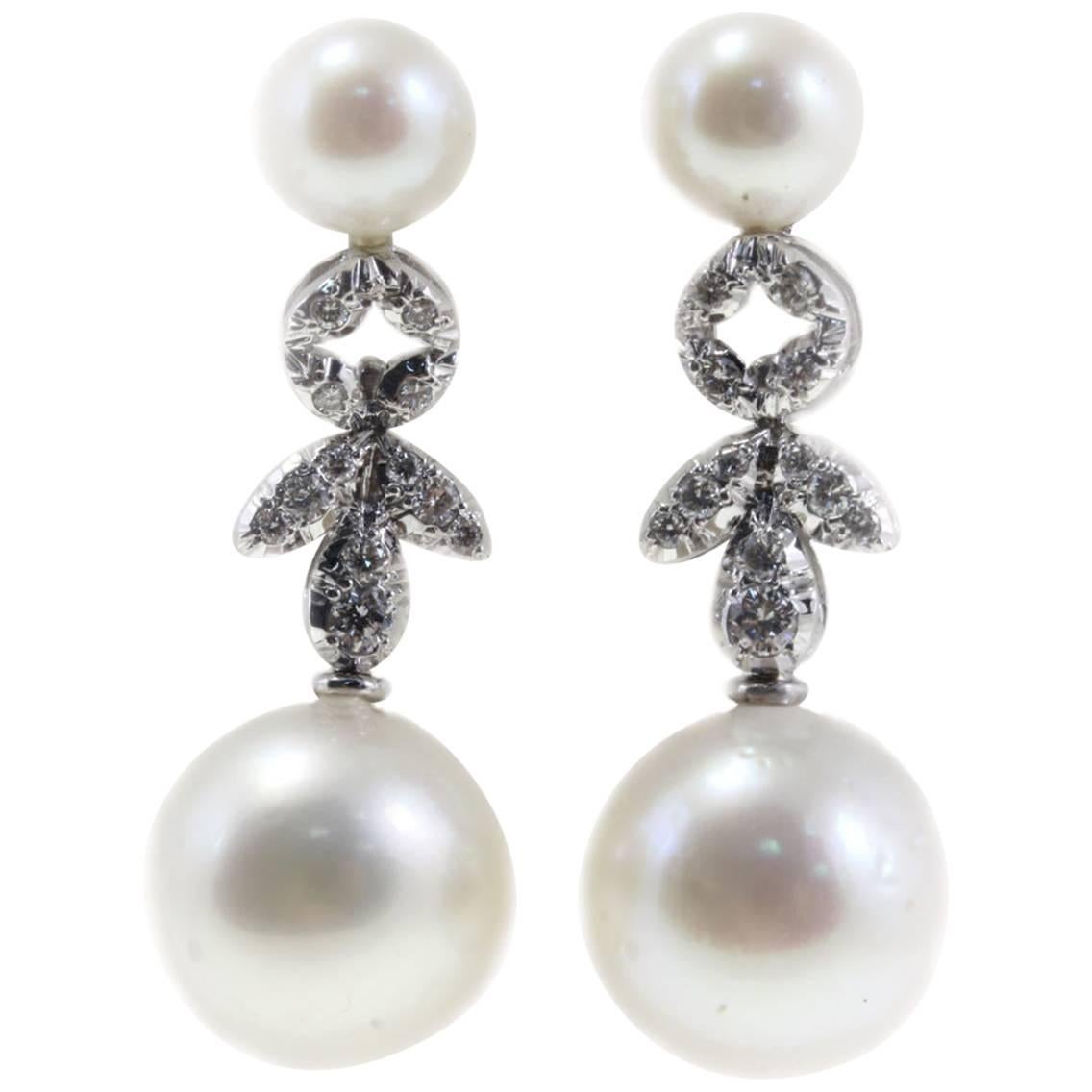 Australian Pearl and Diamond Dangle Gold Earrings
