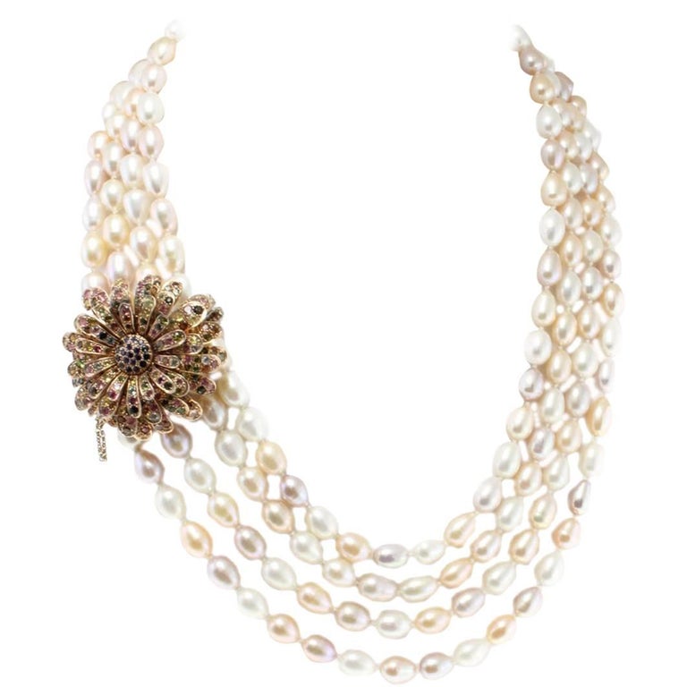 Tourmaline Iolite Four Strands Beaded Gold and Silver Necklace at 1stDibs