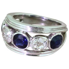 Art Deco Natural Sapphire and Old Cut Diamond Five-Stone Ring, circa 1920