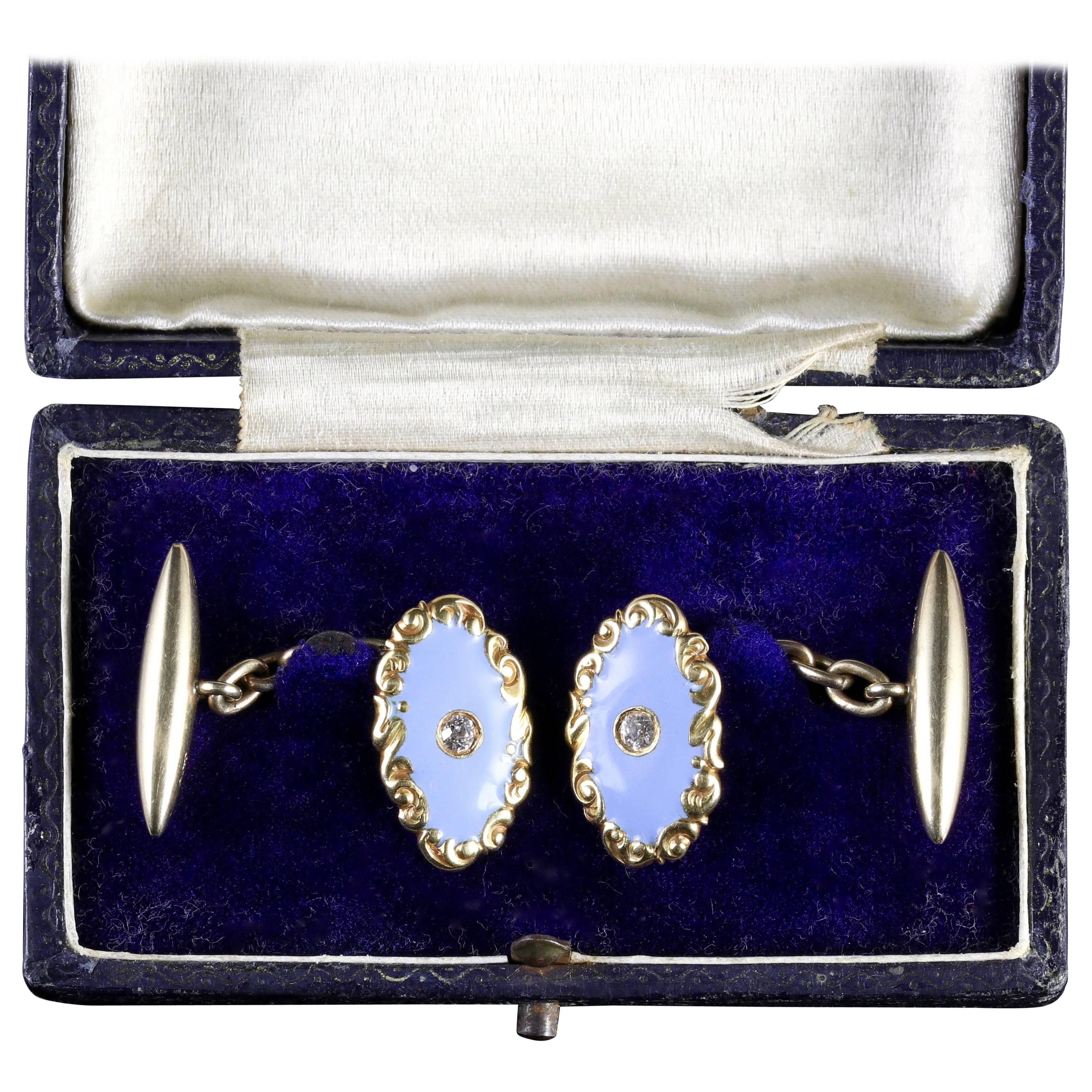 Antique Victorian Gold Enamel Diamond Cufflinks Boxed, circa 1880