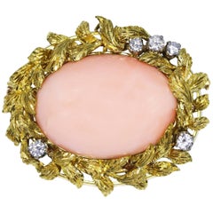 Natural Angel Skin Coral and Diamond Brooch