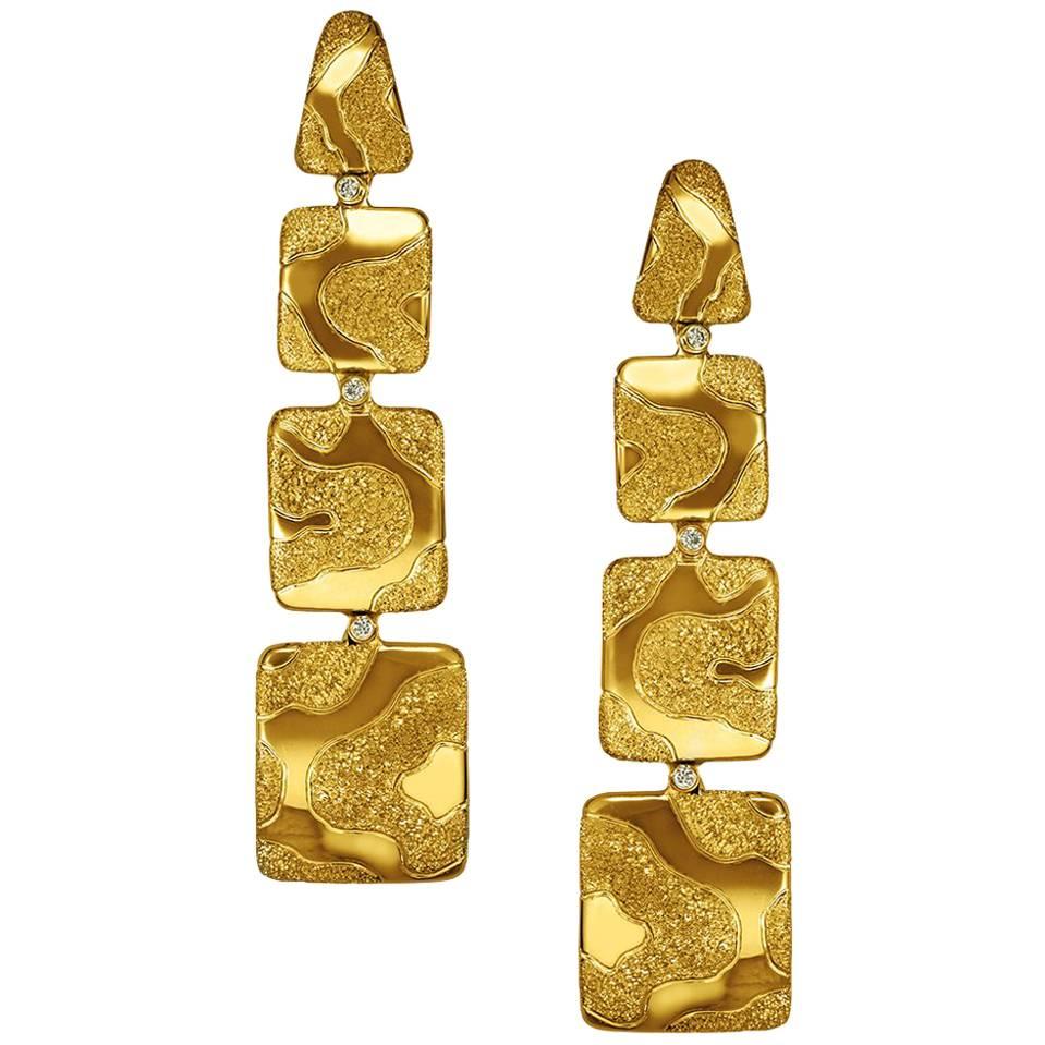 Alex Soldier Diamond Yellow Gold Textured Drop Earrings One of a Kind 