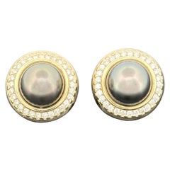 Tahitian Pearl 9.5mm and Diamond 14k Yellow Gold Earrings — Halo Set Studs