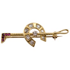 Antique Gold Diamond Ruby Horseshoe Riding Crop Brooch