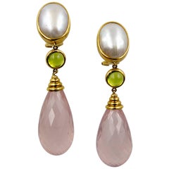 Visconti di Madrone 18 Karat Gold Pearl Peridot Rose Quartz Earrings