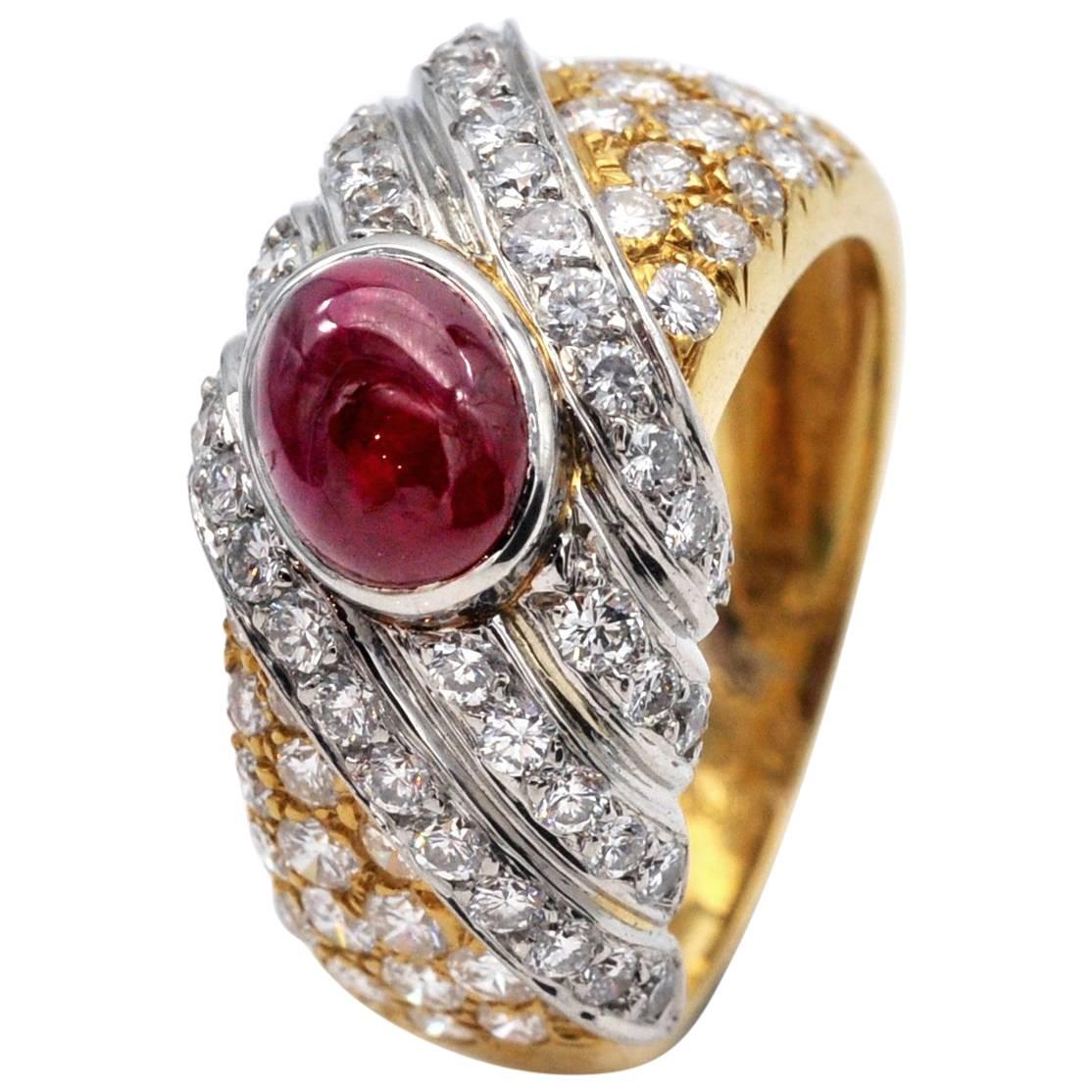 Tabbah Cabochon-Ruby and Diamond Platinum and Gold Ring For Sale
