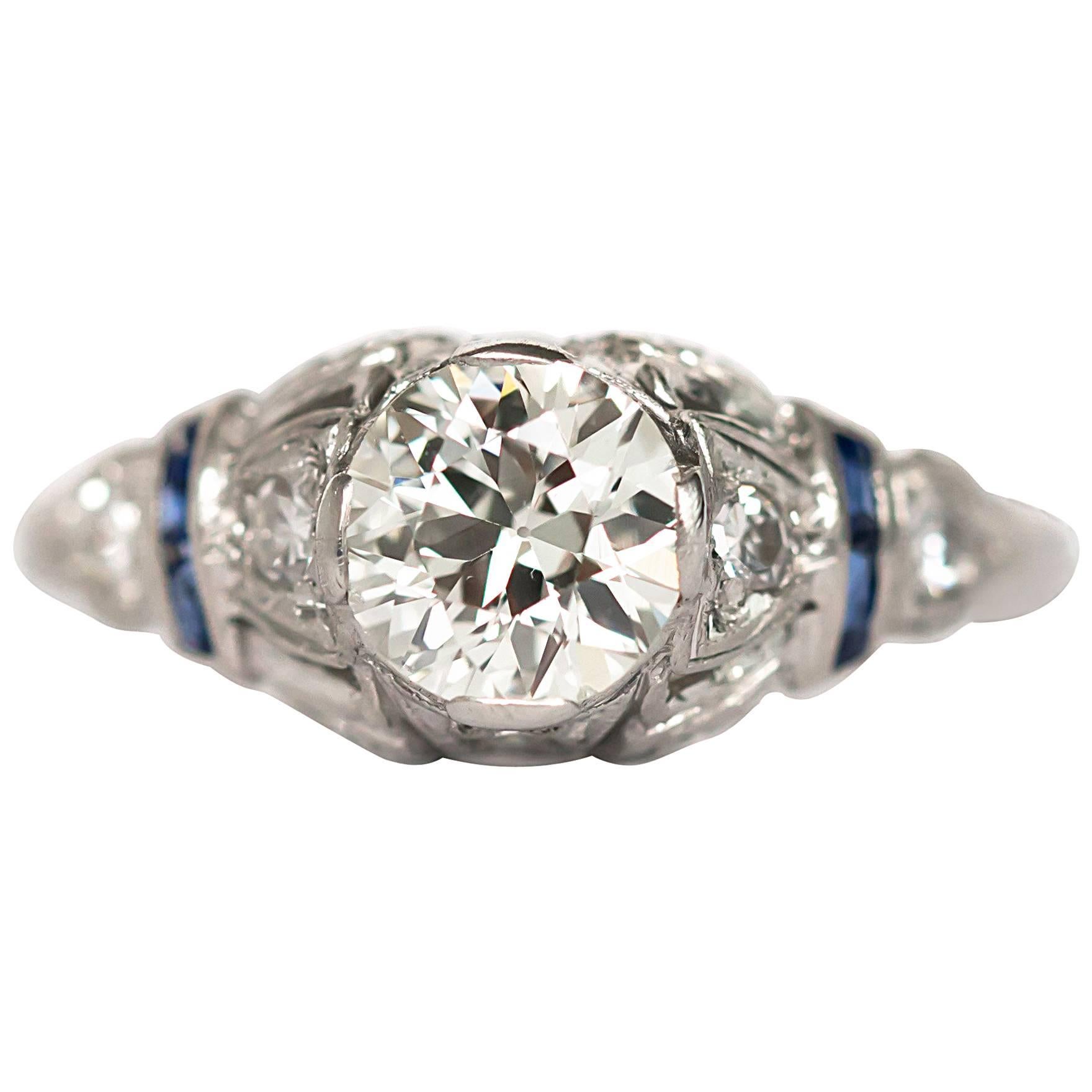 1920s Art Deco Old European Cut Diamond and Sapphire Platinum Engagement Ring