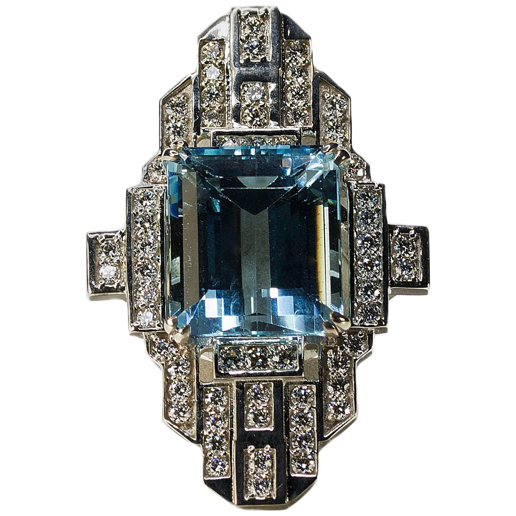 Geometric Aquamarine Diamond Platinum Ring