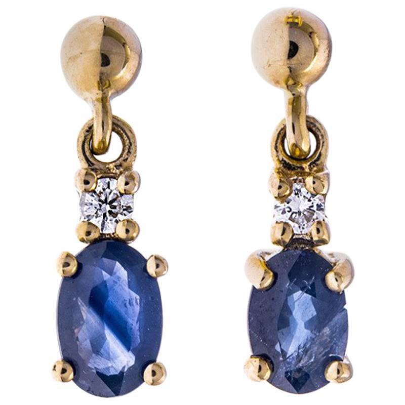 9 Carat Gold 1.00 Carat Sapphire and Diamond Drop Earrings For Sale