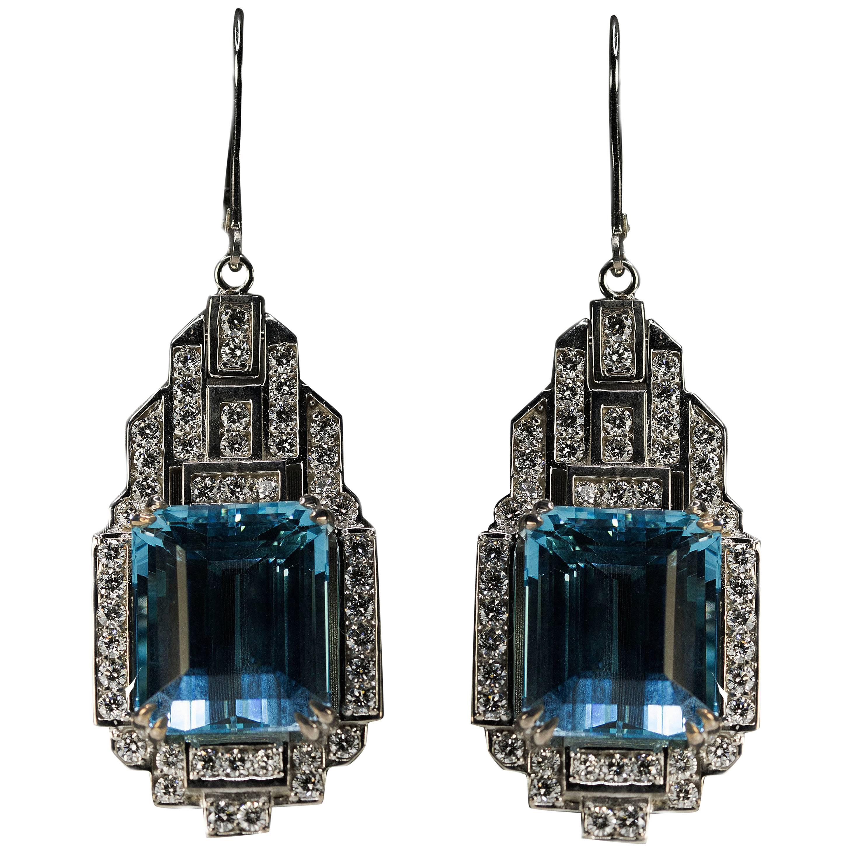 Geometric Aquamarine Diamond Platinum Earrings