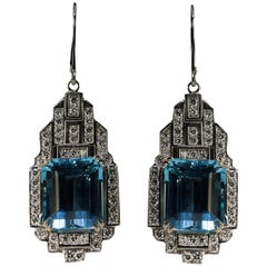 Geometric Aquamarine Diamond Platinum Earrings