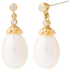 18 Carat Gold Freshwater Pearl and Diamond Drop Earrings