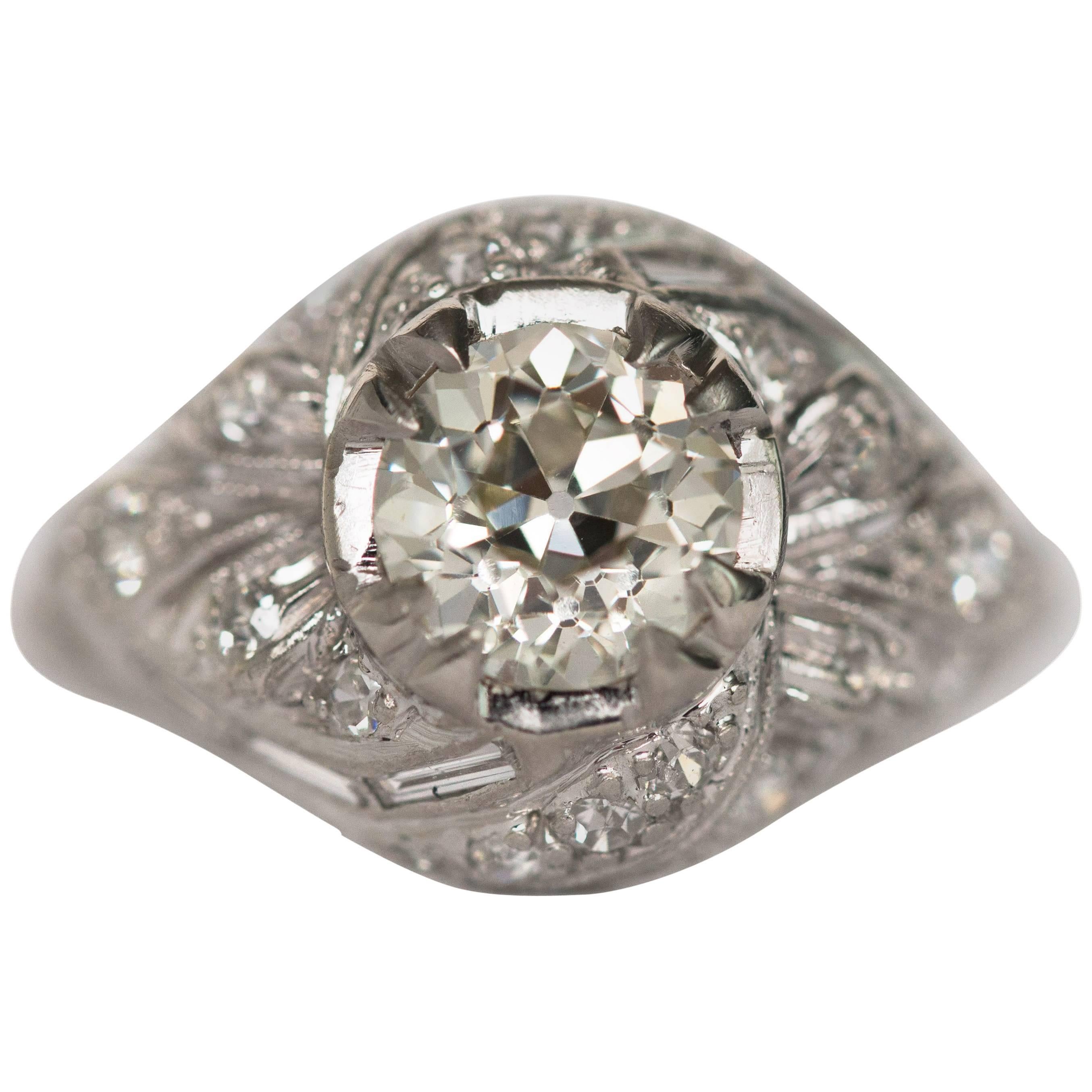 1930s Art Deco Platinum 1.02 Carat Old European Cut Diamond Engagement Ring