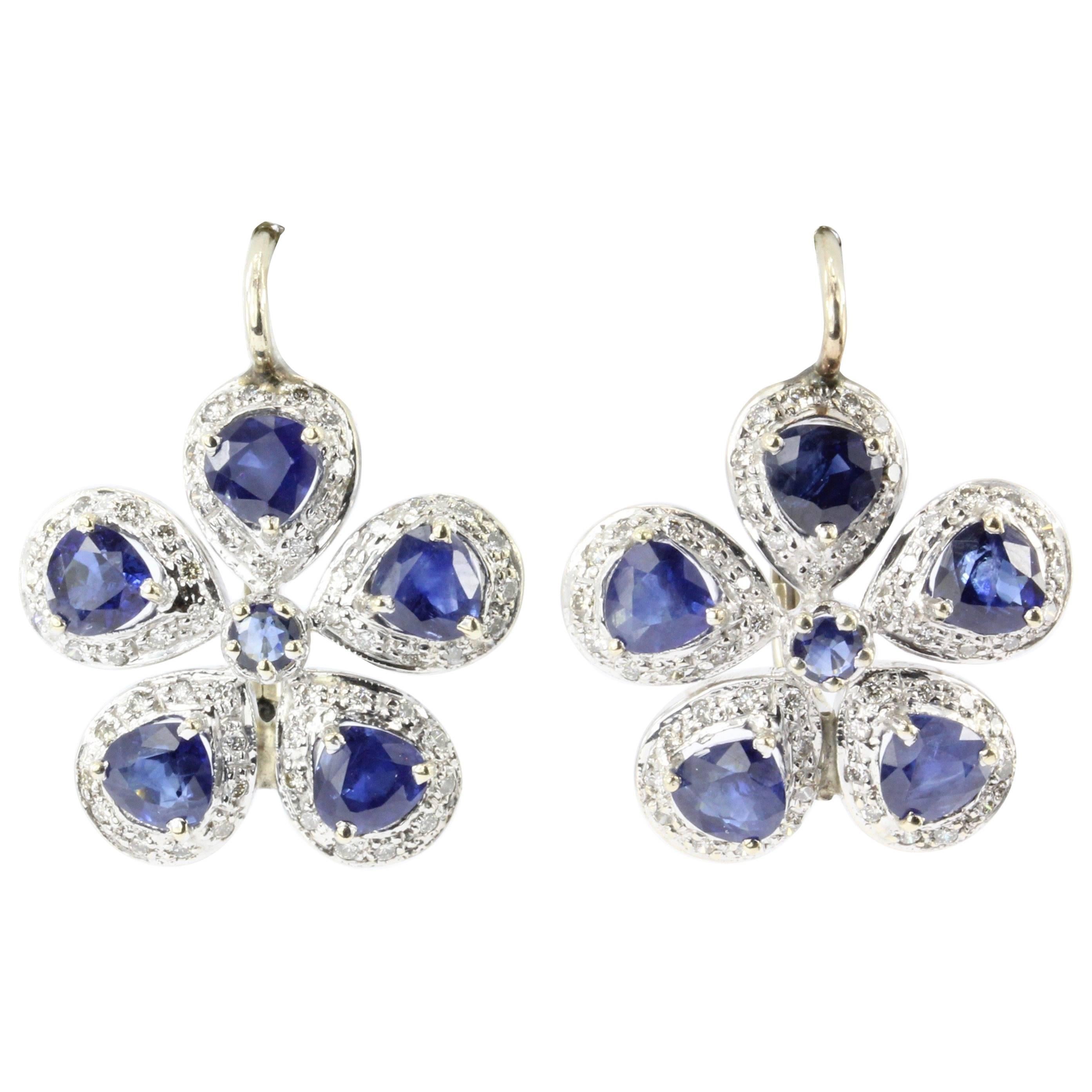 Retro White and Yellow Gold Natural Blue Sapphire Diamond Earrings