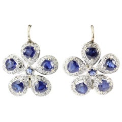 Vintage White and Yellow Gold Natural Blue Sapphire Diamond Earrings
