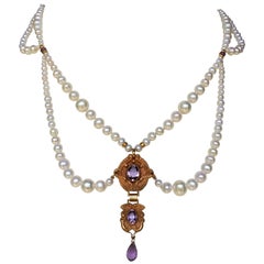 Marina J Graduated Pearl Necklace with Vintage Amethyst Double Pendant 10