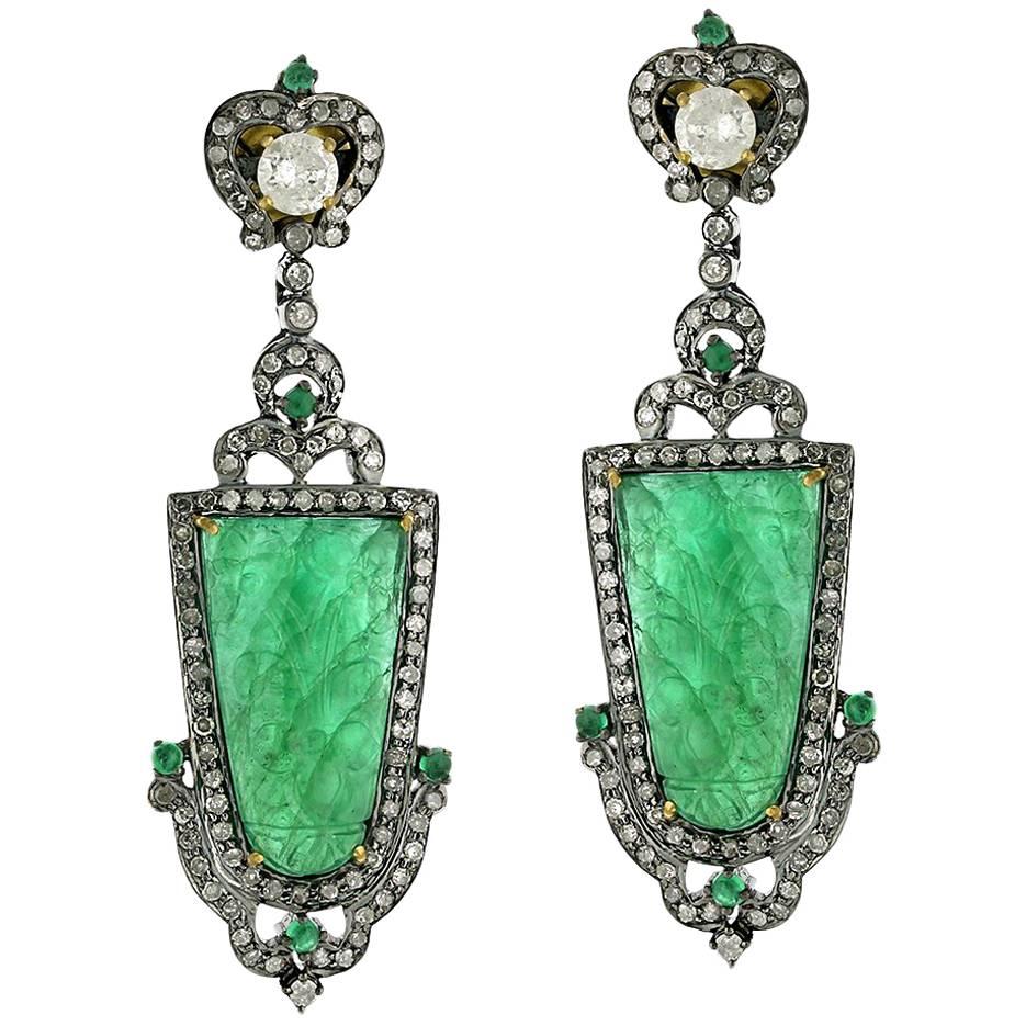 Carved Emerald Earring with Diamonds