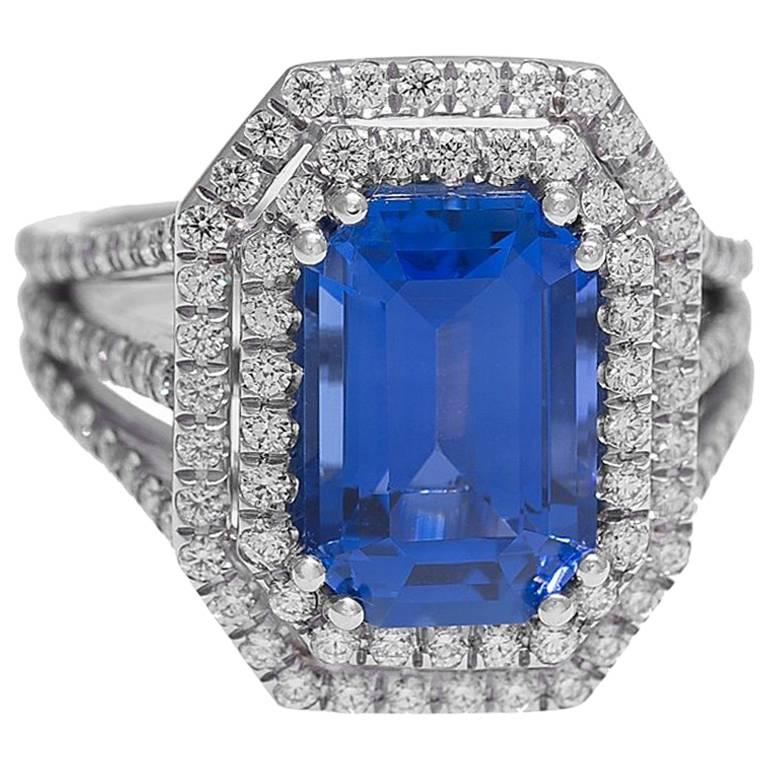 Stunning Platinum Emerald Cut Sapphire and Diamond Cocktail Ring For Sale