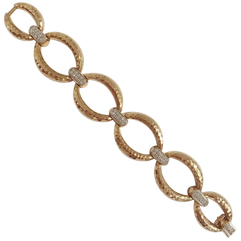 Gold Hammered Link Bracelet with Diamonds designed by Andrew Clunn For Sale at 1stDibs