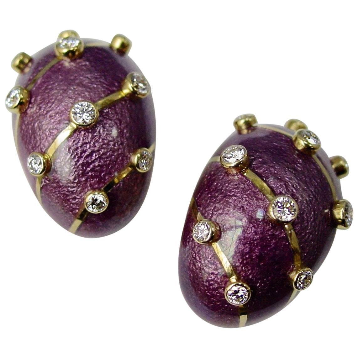 Tiffany & Co. Schlumberger Purple Paillonne Enamel and Diamond Earclips For Sale