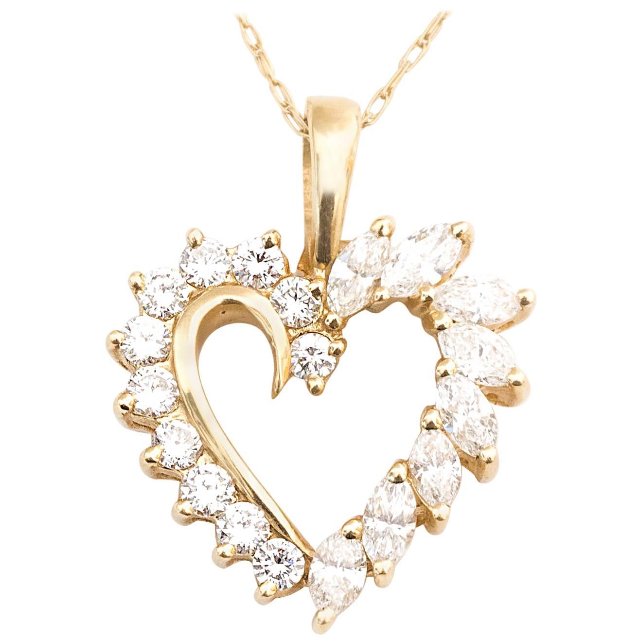 1950s Diamond and 14 karat Yellow Gold Heart Necklace