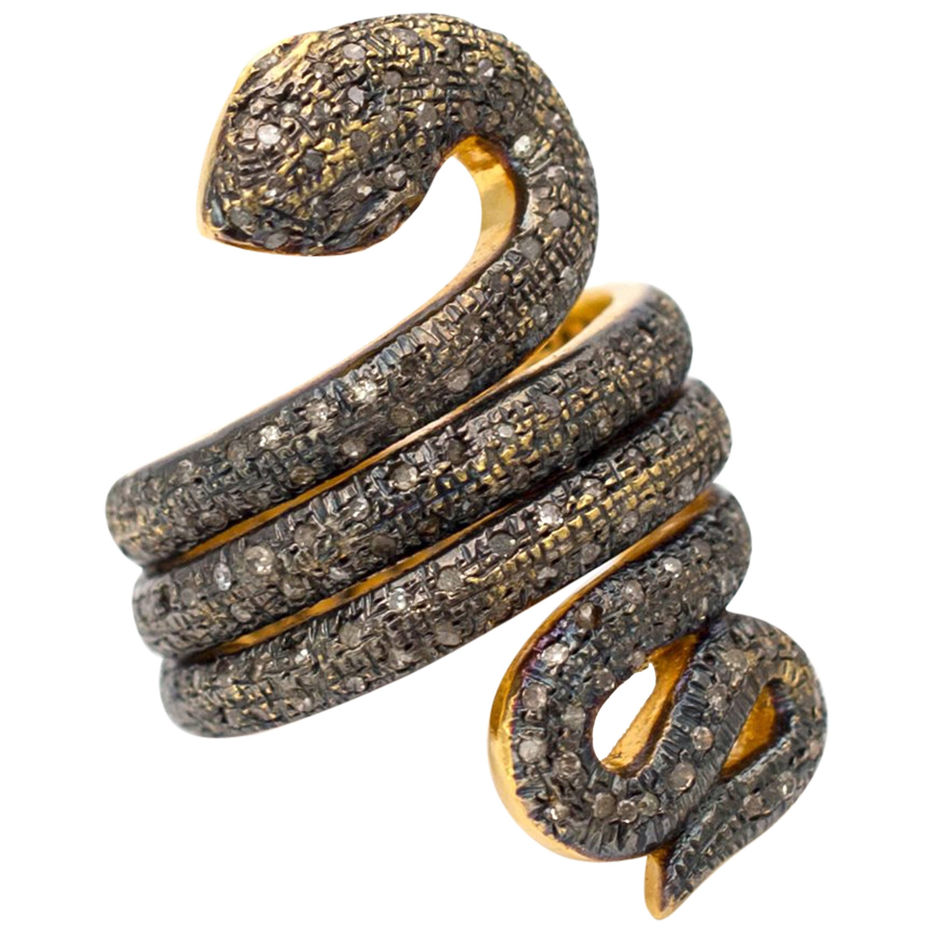 Snake Champagne Diamond and Gilt Silver Ring For Sale