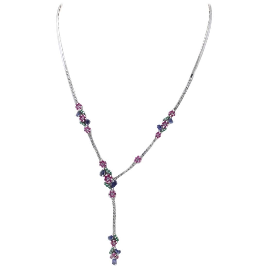 1.36 ct Diamonds, 4.33 ct Rubies Emeralds Blue Sapphires 18K White Gold Necklace