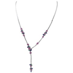 1.36 ct Diamonds, 4.33 ct Rubies Emeralds Blue Sapphires 18K White Gold Necklace