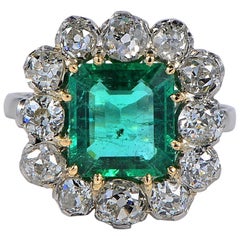 Art Deco 3.0 Carat Natural Emerald 3.0 Carat Old Mine Cut Diamond Platinum Ring