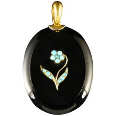 Antique Victorian French Jet Locket Turquoise Flower Forget Me Not, circa 1850