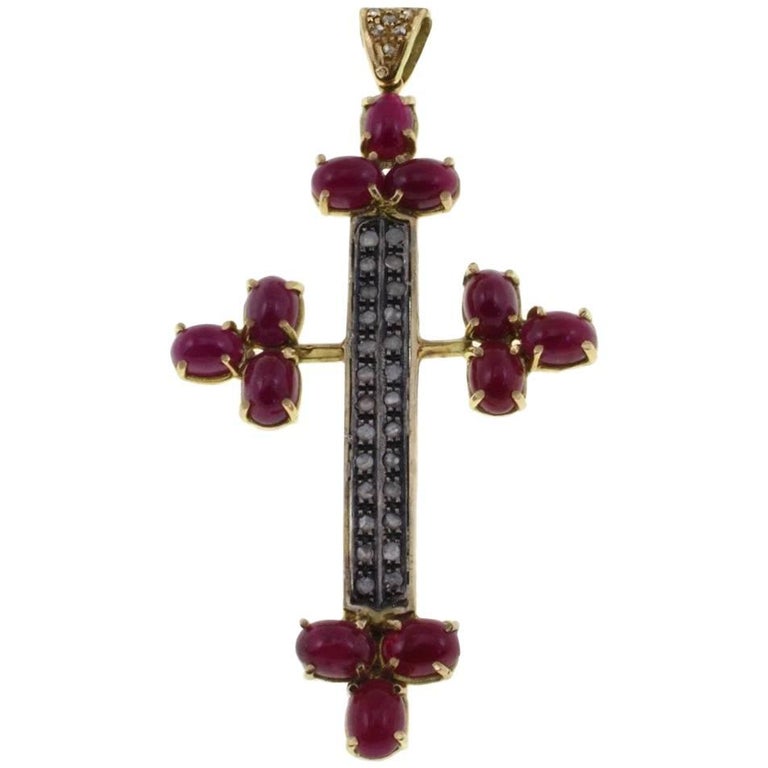 Gold Silver Diamond Ruby Pendant Necklace at 1stDibs