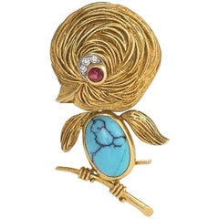 Vintage Van Cleef & Arpels, Paris 1960's Turquoise, Ruby and Gold Singing Bird