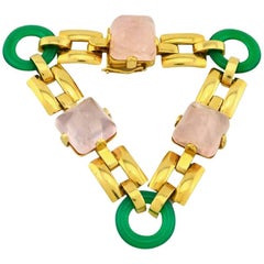 Retro Rose Quartz and Chrysoprase Gold Link Bracelet 7