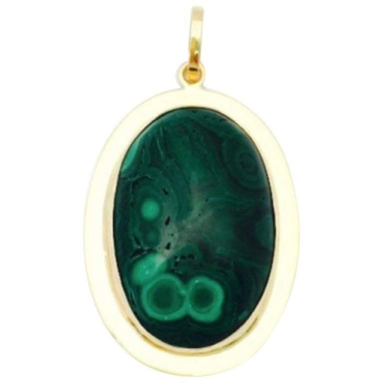 Large 20 Karat Yellow Gold Russian Oval Malachite Pendant for Necklace