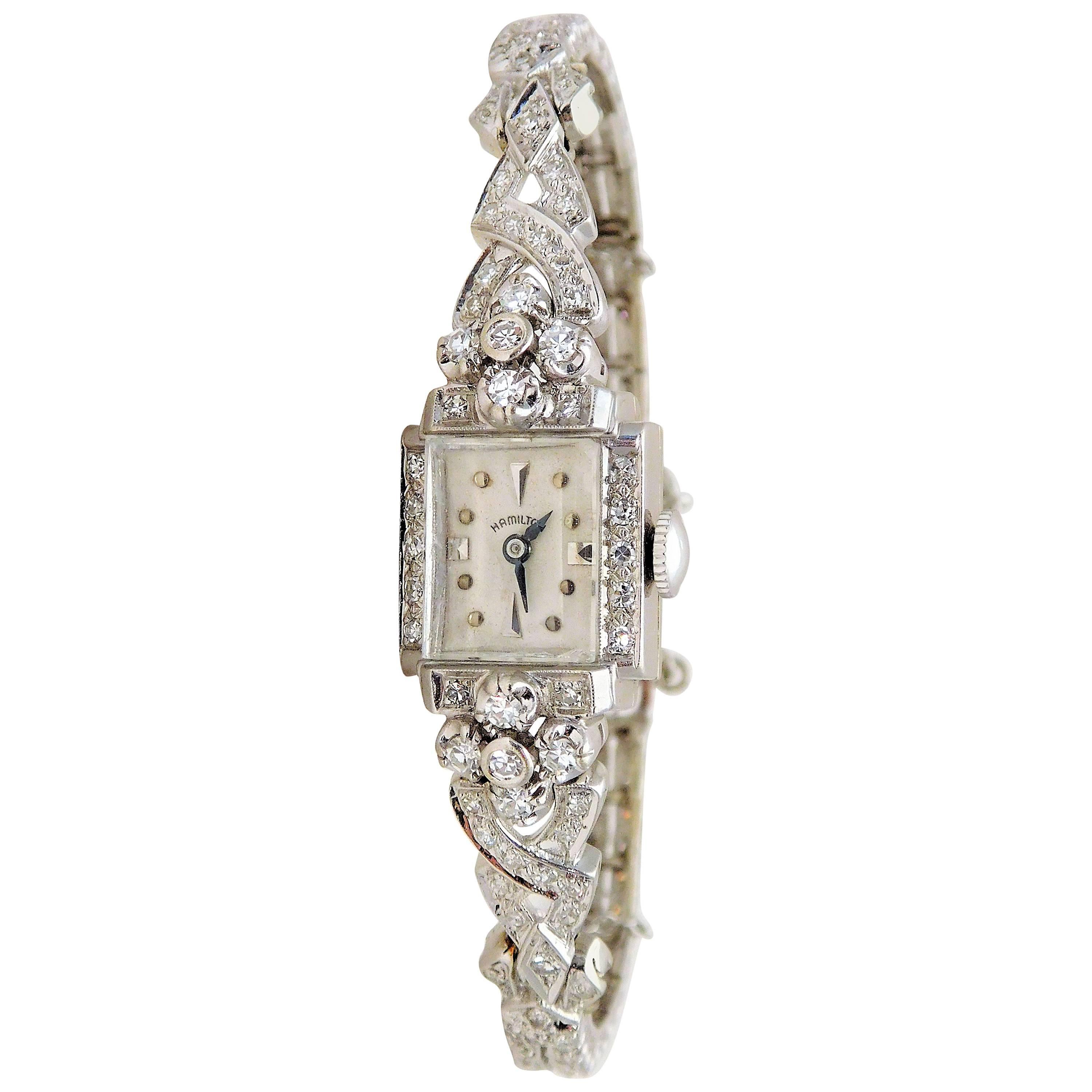 Hamilton Ladies White Gold Diamond Art Deco Luxury Manual Wristwatch