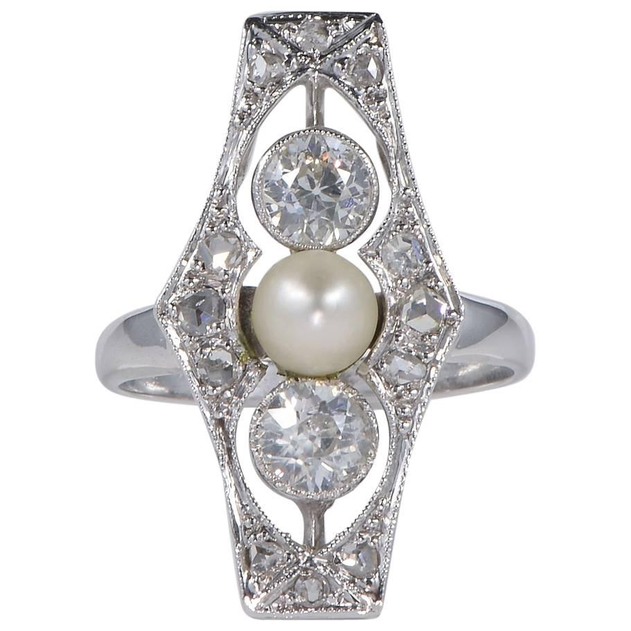 Belle Epoque Natural Pearl and Diamond Rare Panel Ring For Sale