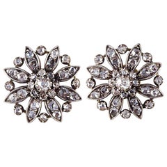 Antique Victorian Diamond Flower Cluster Silver and Gold Earrings