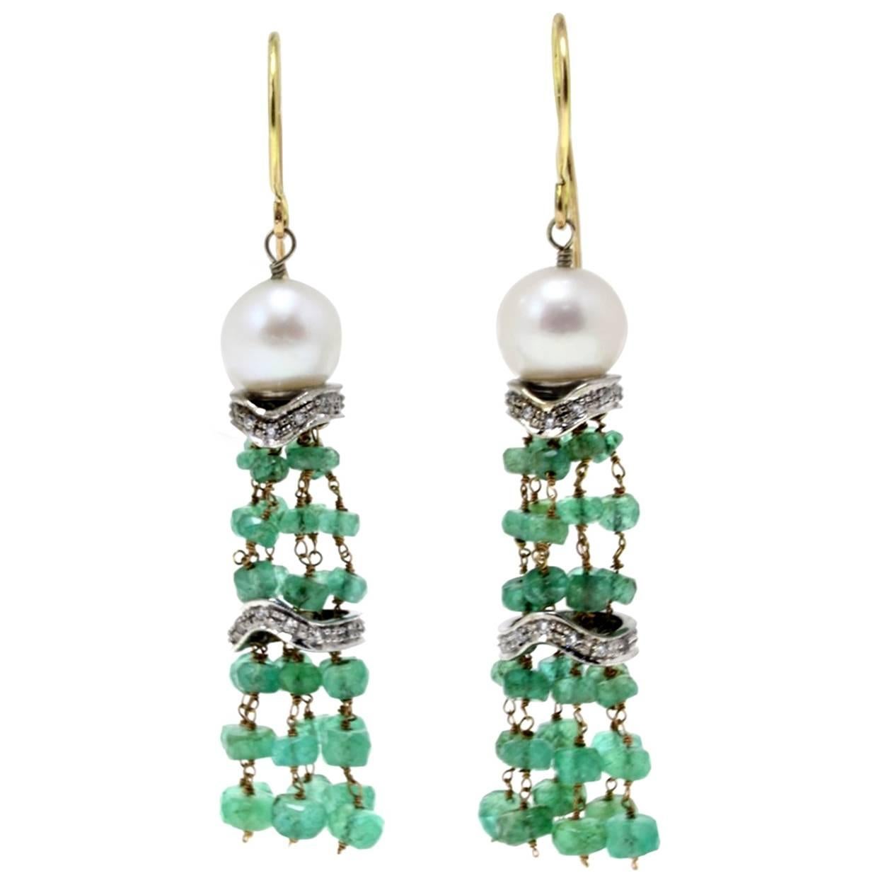 0.53 ct Diamonds, 27.50 ct Emeralds 3.4 g Pearls White, Rose Gold Dangle Earring For Sale