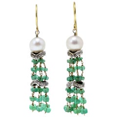 0.53 ct Diamonds, 27.50 ct Emeralds 3.4 g Pearls White, Rose Gold Dangle Earring