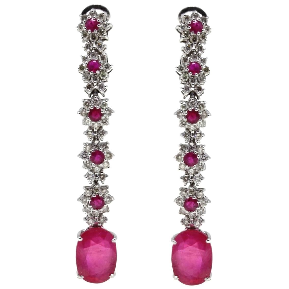 1.64 ct Diamonds, 10.78 ct Ruby White Gold Clip-on/ Drop Earrings