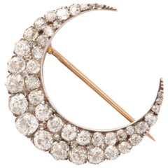 Vibrant Old Mine and Rose Cut Diamond Crescent Moon Brooch