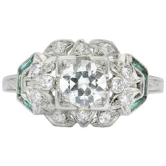 Art Deco  Diamond and French Cut Emerald Ring