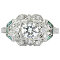 Art Deco Diamond and French Cut Emerald Ring 8