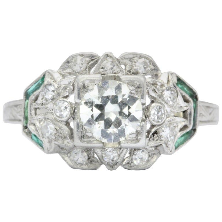 Art Deco Diamond and French Cut Emerald Ring at 1stdibs