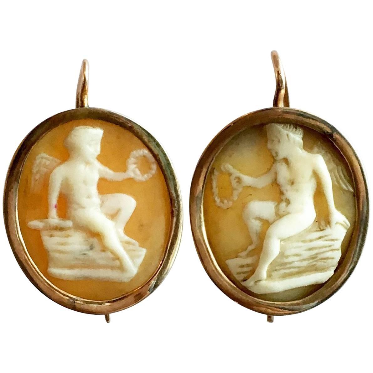 Cameo Earrings Eros Cupid Gold Shell Victorian Love Token Classical Greek God